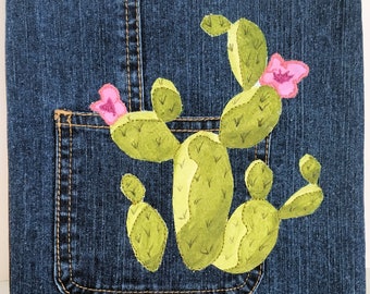 Repurposed Jeans with a Cactus Painting on the Pocket, Fiber Art Painting