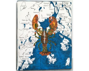 LOBSTER  Original Fiber Art Painting on Ocean Chart, Penobscot Bay Maine