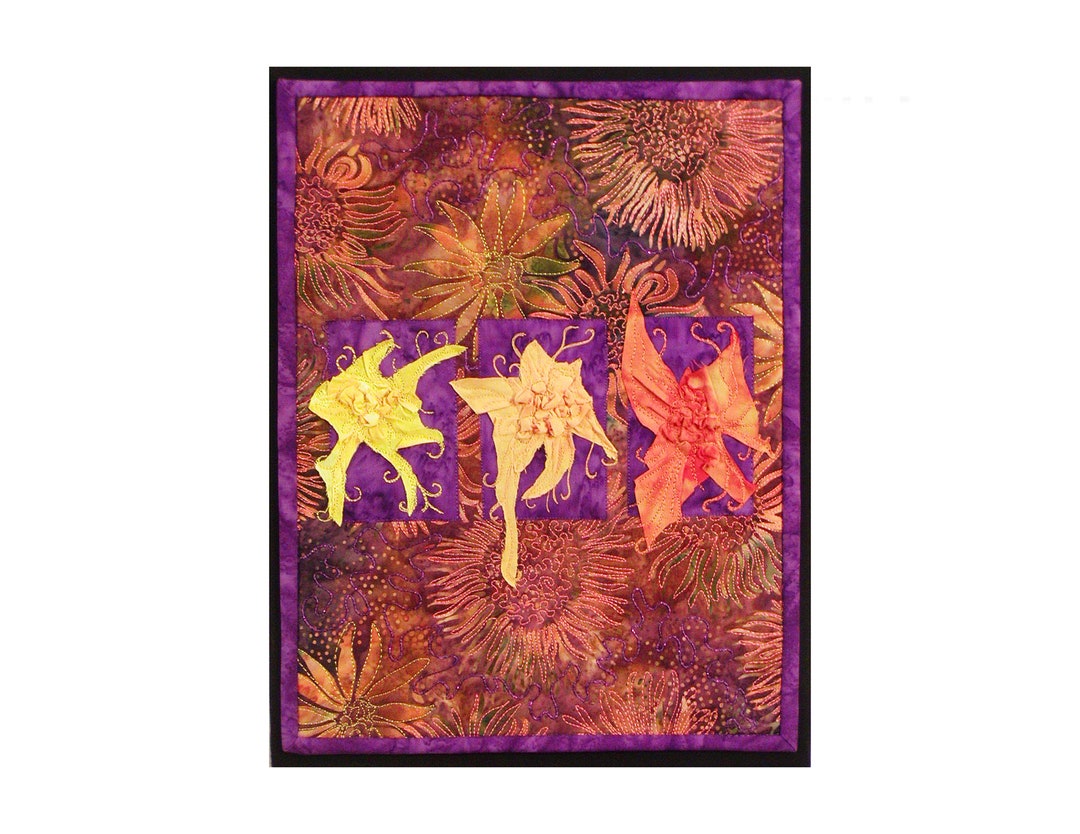 Sunflowers Fiber Art Quilt Stretched on Canvas Bright Contemporary