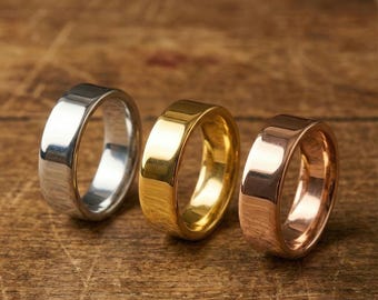 Alianza de boda clásica plana • Acabados en plata de ley, oro y oro rosa • Anillo minimalista unisex apilable