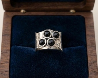 Black Onyx Sterling Silver Ring | Wide Band Cluster Statement Jewelry
