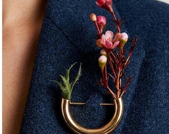 Gold U-Shape Brooch with Floral Holder • Sterling Silver Lapel Pin, Botanical Accessory