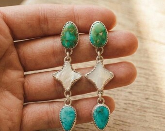 Sonoran Gold Turquoise Pearl Sterling Silver Southwestern Earrings (7x10mm)