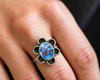 Blue Hill Turquoise Flower Ring • Oxidized 925 Sterling Silver • Boho Floral Statement Ring • Handmade Gift for Her