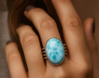 Anillo solitario de larimar natural • Anillo hecho a mano en plata de ley • Joyería oxidada hecha a mano • Regalo para ella