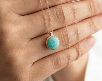 Collar redondo de amazonita natural • Collar con colgante de plata de ley 925 • Joyería minimalista estilo boho • Regalo de piedra natal de diciembre para ella