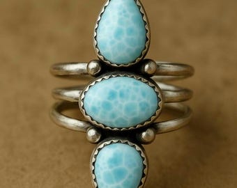 Pierścień ze srebra próby 925 z potrójnym larimarem • Ręcznie robiona biżuteria boho