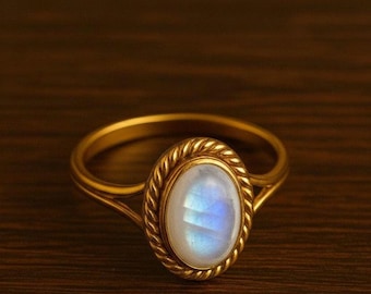 Pierścionek z owalnym tęczowym kamieniem księżycowym • Srebro próby 925, minimalistyczny styl boho