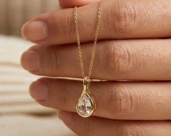 Gold Teardrop Moissanite Necklace • Minimalist Pendant Necklace • Dainty Everyday Jewelry • Anniversary Gift for Her