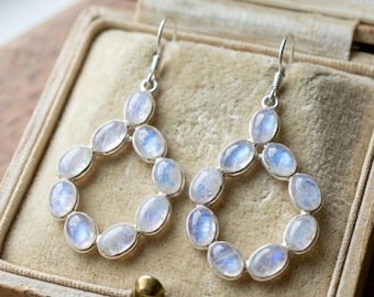 Natural Rainbow Moonstone Sterling Silver Dangle Earrings | Bohemian Blue Flash Jewelry