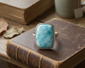 Natural Larimar Ring • 925 Sterling Silver Statement Ring • Ocean Blue Gemstone Ring • December Birthstone Jewelry • Handmade Gift for Her