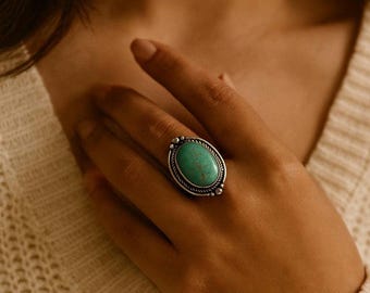 Navajo Turquoise Oval Ring • 925 Sterling Silver Statement Ring • December Birthstone Jewelry • Gift for Her.