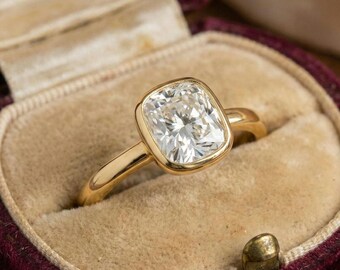 Cushion Cut Moissanite Ring • Bezel Set Sterling Silver Solitaire