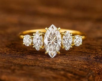 Pierścionek z pięcioma kamieniami markizy z moissanitem • Obrączka zaręczynowa ze srebra próby 925