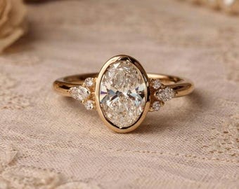 Moissanite Oval Cut Engagement Ring • Gold Bezel Sterling Silver