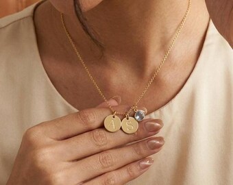 Personalized Initial Necklace with Birthstone • Custom Letter Charm Necklace • Gold Disc Initial Pendant • Gift for Her