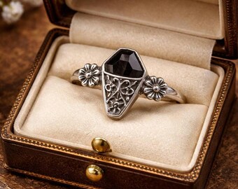 Black Onyx Coffin Ring • Sterling Silver Floral Band • Alternative Statement Jewelry