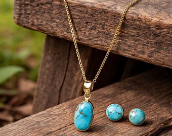 Golden Hill Turquoise Necklace & Studs Set • Sterling Silver Boho Jewelry