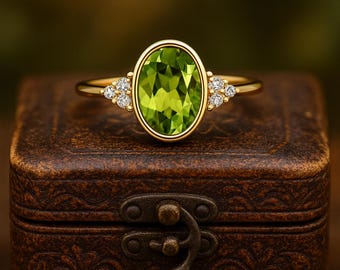 18K Gold Vermeil Peridot Ring • Minimalist Moissanite Accent Jewelry