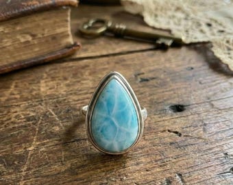 Natural Larimar Ring • Pear-Shaped Ocean Blue Sterling Silver • Boho Statement Jewelry • February & March Birthstone Gift.