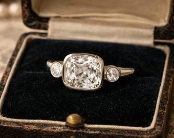 Moissanite Engagement Ring • Bezel Set Sterling Silver Three Stone Ring • Elegant Proposal Ring • Anniversary Gift For Her