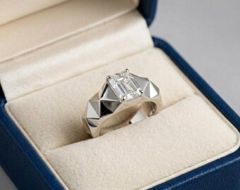 Emerald Cut Moissanite Ring • Sterling Silver Statement Ring • Modern Cocktail Ring • Geometric Eleagnt  Ring • Anniversary Gift for Her&Him