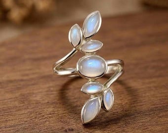 Anillo de hoja de piedra lunar natural • Anillo de plata de ley 925 inspirado en la naturaleza • Regalo de aniversario para ella