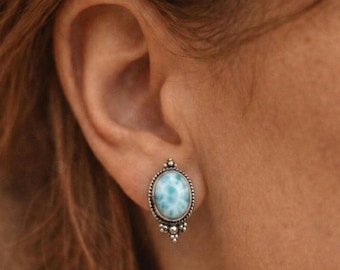 Natural Larimar Minimalist Stud Earrings • Sterling Silver Boho Vintage Studs • Handmade Southwestern Jewelry • Gift For Her
