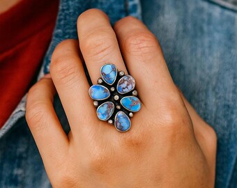 Anillo llamativo de turquesa Golden Hill • Joyería occidental con racimo de plata de ley