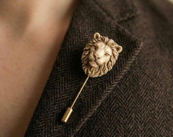 Pin de solapa con cabeza de león • Broche de plata de ley y oro, accesorio para corbata con diseño de animal