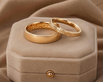 Couple Engagement Ring Set • Floral Engraved Matching Bands • His and Hers Wedding Band • Minimalist Gold Couple Band • Gift For Anniversary
