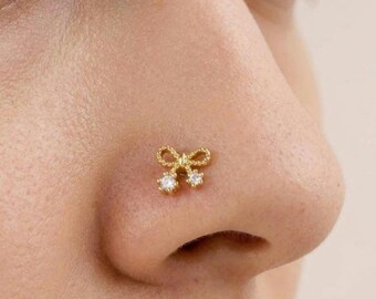 Pendiente de nariz con lazo pequeño, pendiente de oro con diamante, joyería minimalista y delicada.
