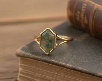 Geometrischer Moosachat Ring • Sterling Silber, Gold-Finish