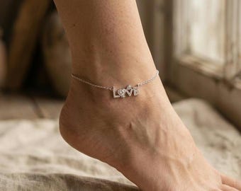 Moissanite LOVE Letter Anklet • Sterling Silver Heart Charm Foot Jewelry