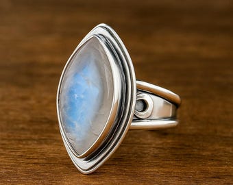 Designer Rainbow Moonstone Ring • Marquise Sterling Silver Band • Handmade Wide Statement Ring • Gift For Anniversary