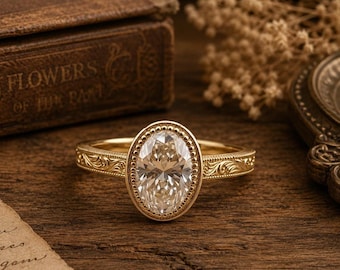 Antique Style Oval Moissanite Engagement Ring • Gold Bezel Bridal Jewelry