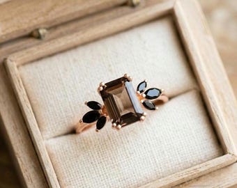 Emerald Cut Smoky Quartz Ring • Black Onyx Accents, Rose Gold, Art Deco Style