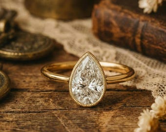Anillo de moissanita en forma de pera • Solitario de plata de ley, anillo de compromiso