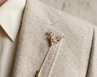 Pin de solapa con cabeza de ciervo dorada • Broche de ciervo, accesorio minimalista para corbata con forma de animal