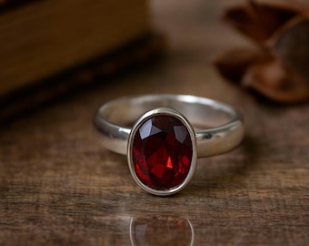 Red Garnet Sterling Silver Ring • Elegant Oval Gemstone • Dainty Split Band Jewelry for Women.