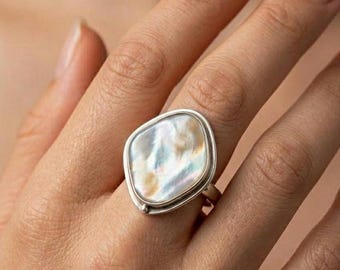 Mother of Pearl Statement Ring • Sterling Silver Organic Shell Jewelry