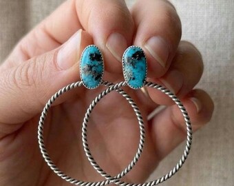 Pendientes de aro de turquesa natural Kingman • Joyería bohemia retorcida de plata de ley