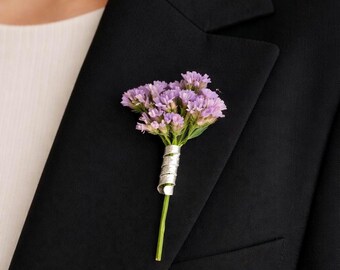 Silver Brooch • Purple Flower Boutonniere, Wedding Lapel Pin, Groom Buttonhole, Rustic Wedding Floral Accessory.