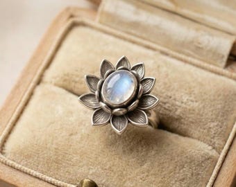 Oval Rainbow Moonstone Lotus Ring • Sterling Silver Boho Floral Statement Jewelry