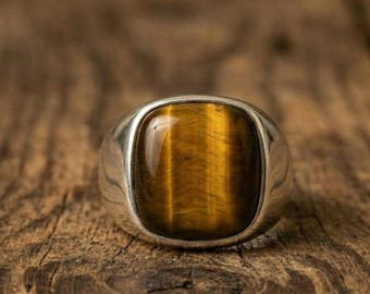 Anillo con forma de cojín de ojo de tigre • Anillo llamativo de plata de ley 925 • Anillo con gema marrón para hombre y mujer • Anillo unisex atrevido • Regalo para ella y para él