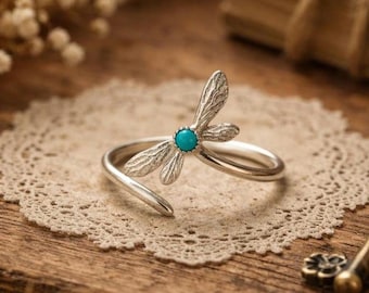 Turquoise Insect Ring, Butterfly Bee Ladybug Dragonfly Open Ring, 925 Silver Adjustable Ring, Boho Nature Jewelry.