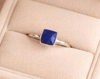 Square Lapis Lazuli Sterling Silver Ring, Minimalist Blue Bezel Gemstone Jewelry