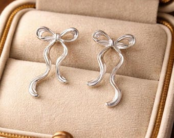 Silver Bow Ribbon Drop Earrings, Elegant Minimalist Dangle Jewelry