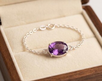 Amethyst Bracelet Sterling Silver, Purple Gemstone Bracelet, Oval Amethyst Jewelry, February Birthstone Gift, Dainty Silver Bracelet For Her