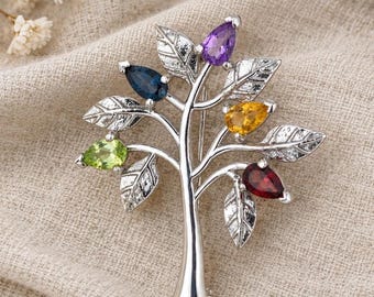 Tree of Life Brooch, 925 Sterling Silver Gemstone Tree Pin, Colorful Crystal Leaf Brooch, Nature Inspired Jewelry, Elegant Gift for Her